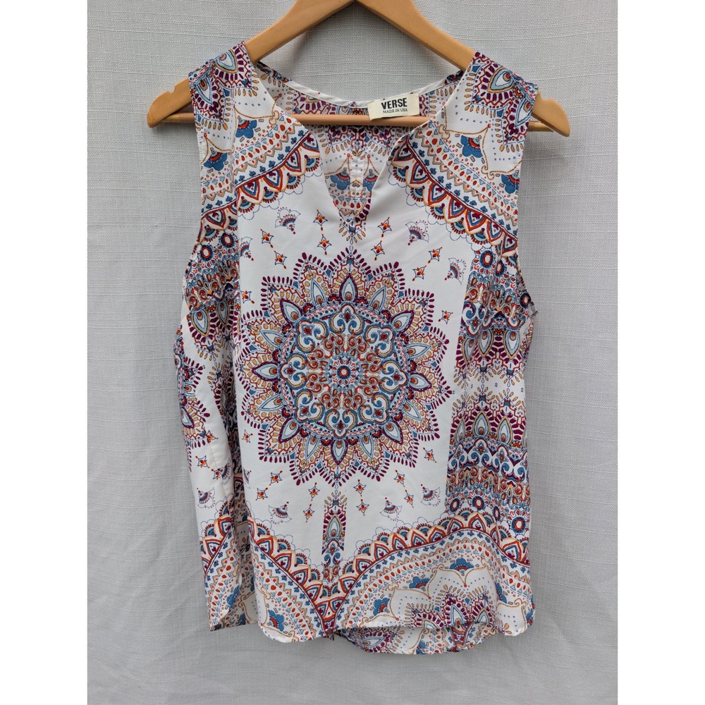 Verse Womens Mandala Print Sleeveless V-Neck Blouse White Blue Orange Large